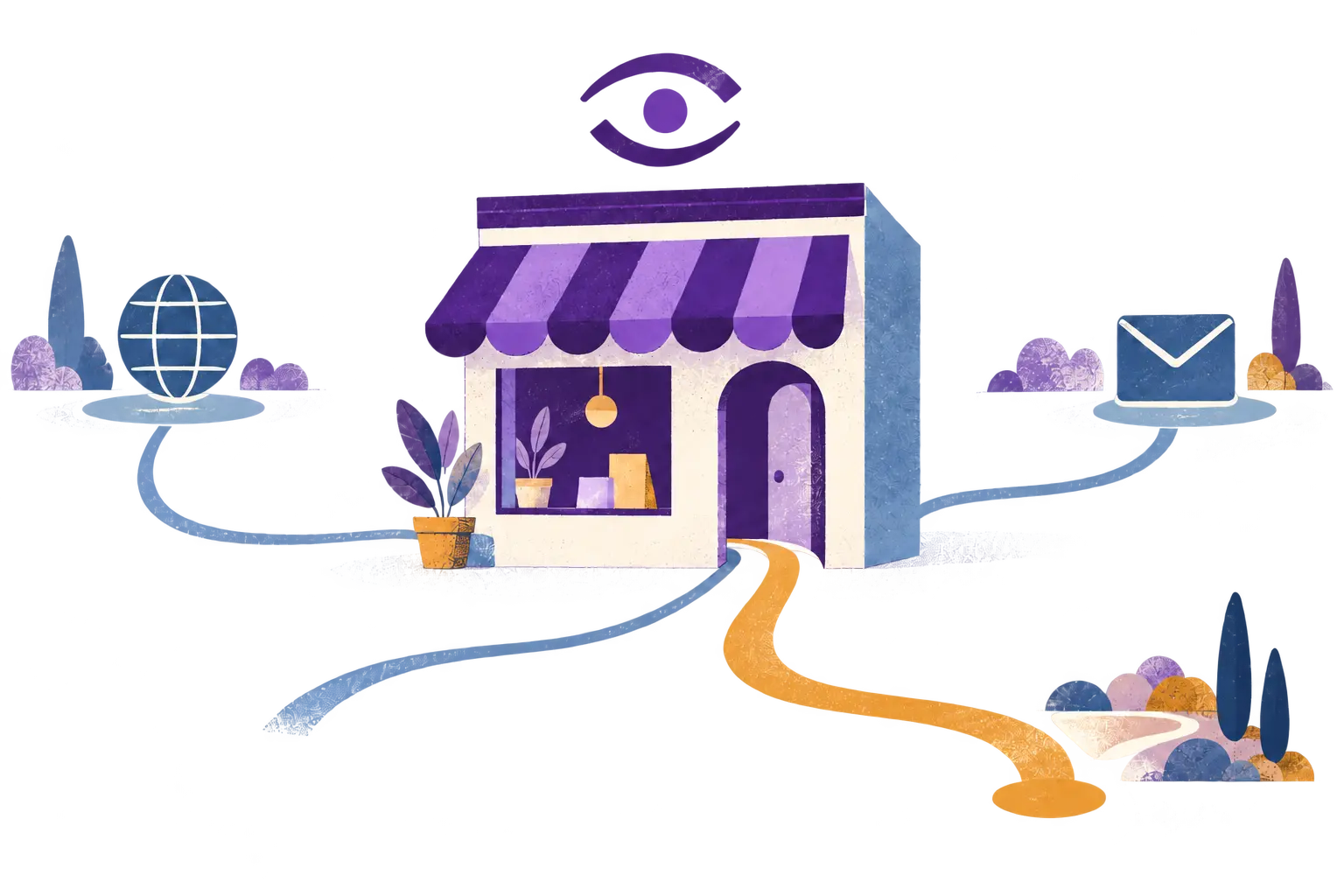 Ohey's purple signal watches over a business storefront and its place on the web.
