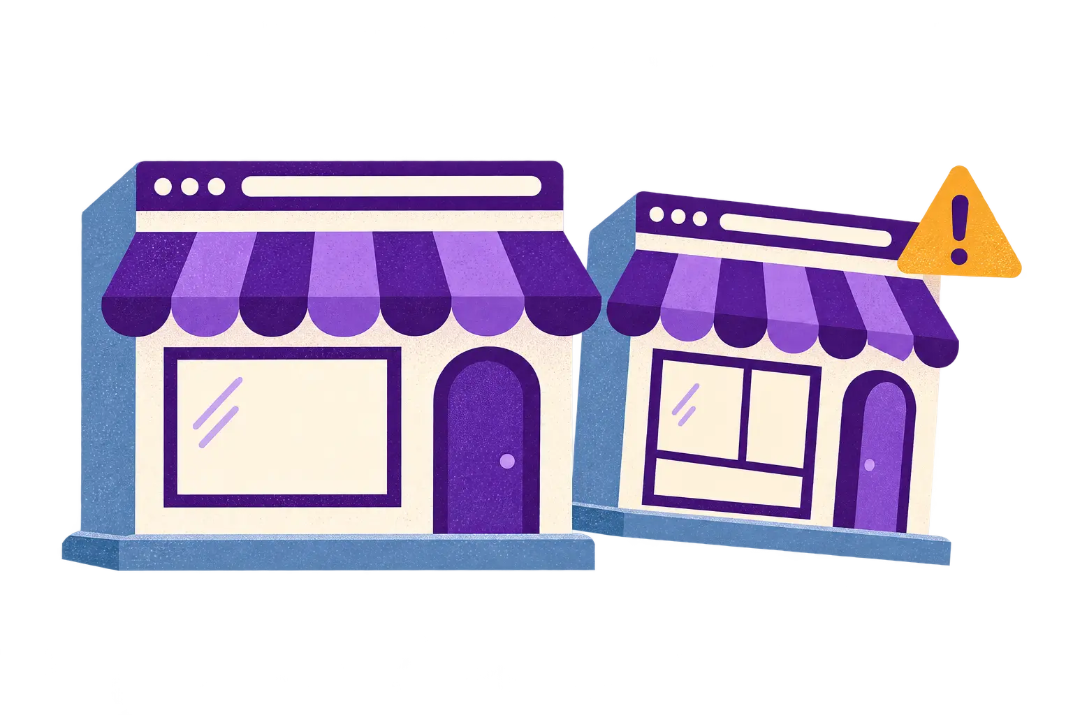A business storefront and a lookalike appear side by side, with a small warning beside the copy.